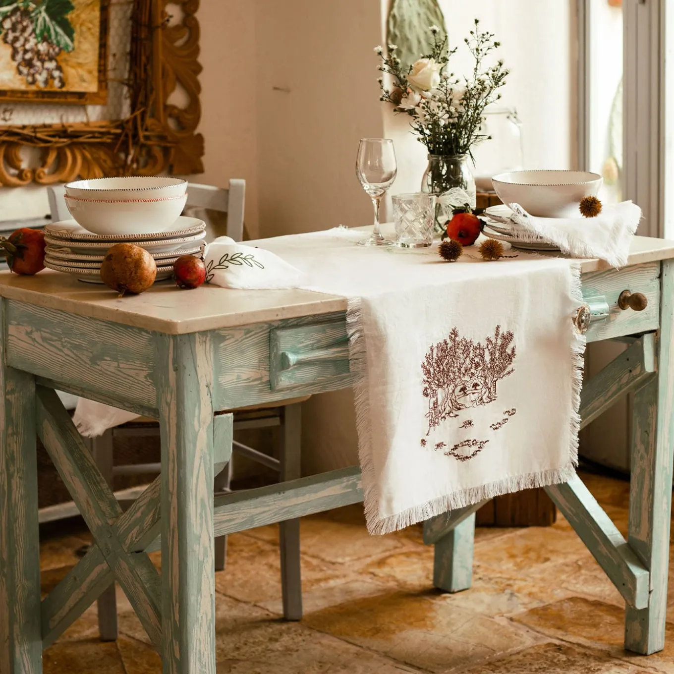 Runner bianco con frange Ulivo Pugliese