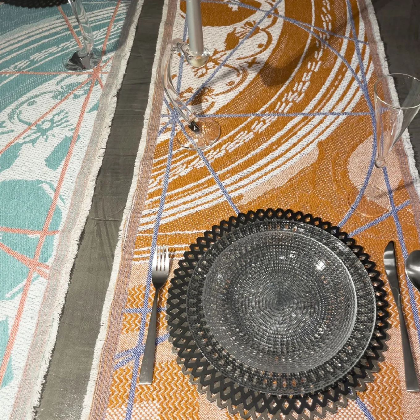 Runner double face Borromini in arancione Hermes e Blu Blitzblau