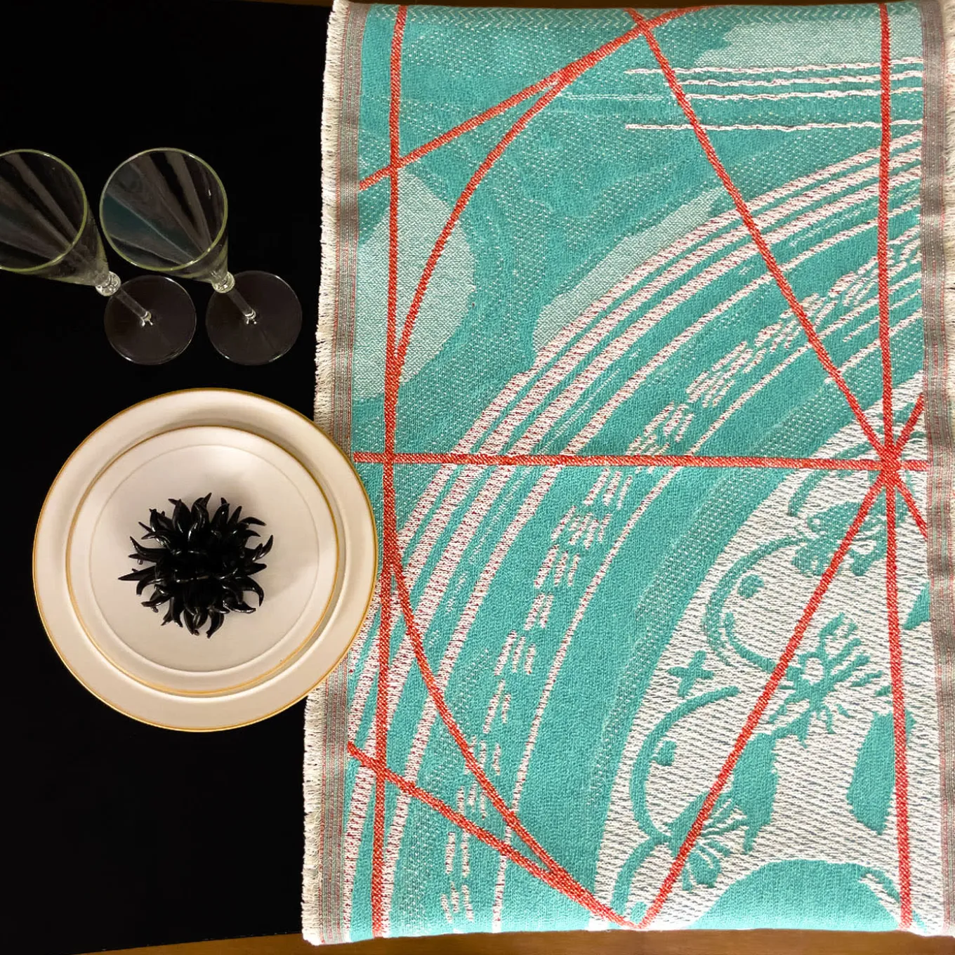 Runner double face Borromini in Tiffany e Rosso Rowan