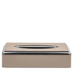 Scatola per tessuti in pelle beige con struttura in metallo