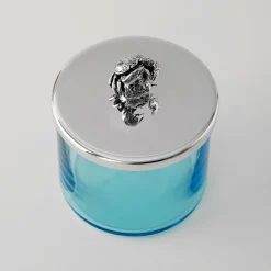 Scatola Portagioie Riviera in Cristallo Blu con Manico a Forma di Granchio