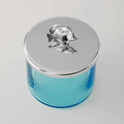 Scatola Portagioie Riviera in Cristallo Blu con Manico a Forma di Pesce