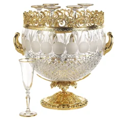 Secchiello da champagne in oro e cristallo con 6 flutes di cristallo