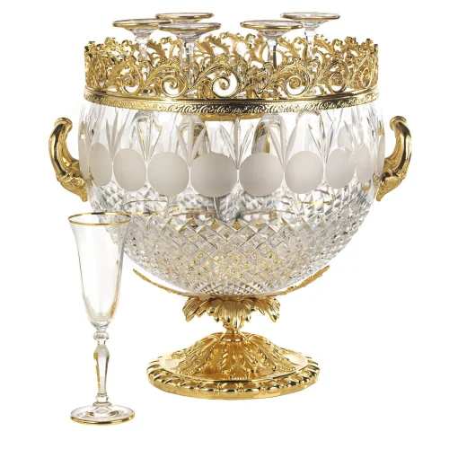Secchiello da champagne in oro e cristallo con 6 flutes di cristallo