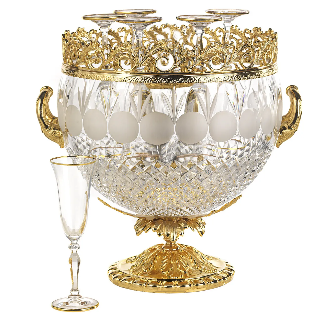 Secchiello da champagne in oro e cristallo con 6 flutes di cristallo