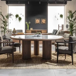 Sedia Lounge Greta Canaletto in noce e pelle grigia con braccioli