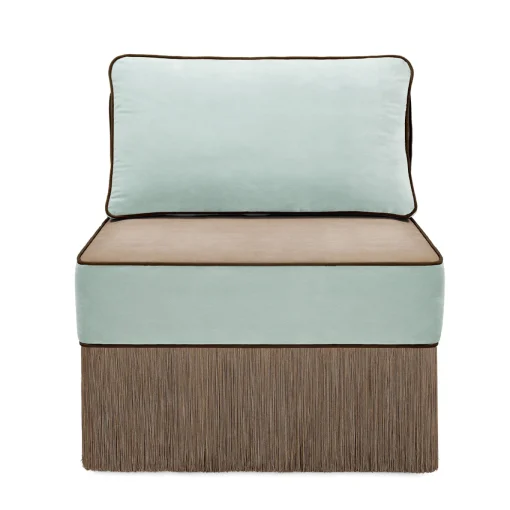 Sedia lounge modulare Lilli in tessuto azzurro chiaro e taupe con frange