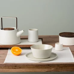 Set di 2 contenitori rotondi in ceramica con coperchio in legno