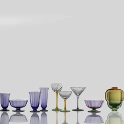 Set di 3 pezzi in vetro Murano con bicchieri verdi e ciotola Amber Fungo