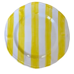 Set di 4 piatti da pranzo in ceramica dipinti a mano con strisce gialle