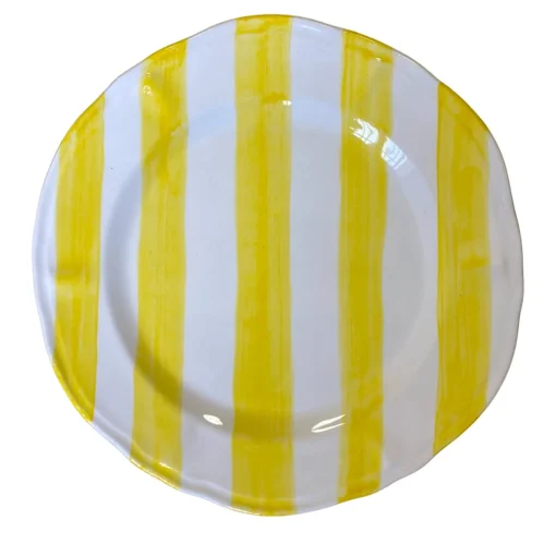 Set di 4 piatti da pranzo in ceramica dipinti a mano con strisce gialle