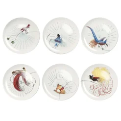 Set di 6 Piatti Piani Uccelli del Paradiso Bianchi