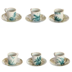 Set di 6 tazze da caffè espresso in porcellana Las Palmas con palme blu e gialle