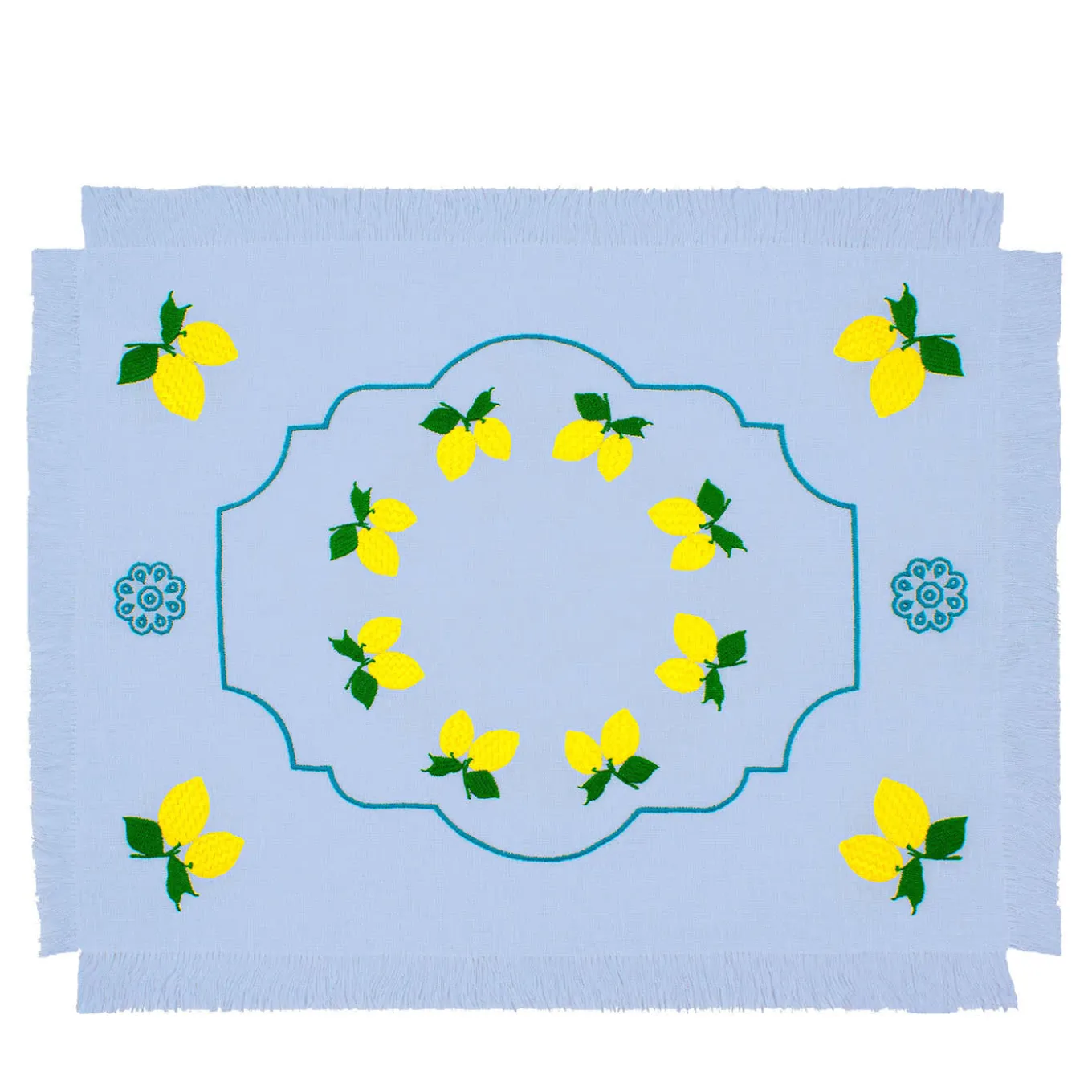 Set di 2 tovagliette azzurre con frange ricamate di Limoni