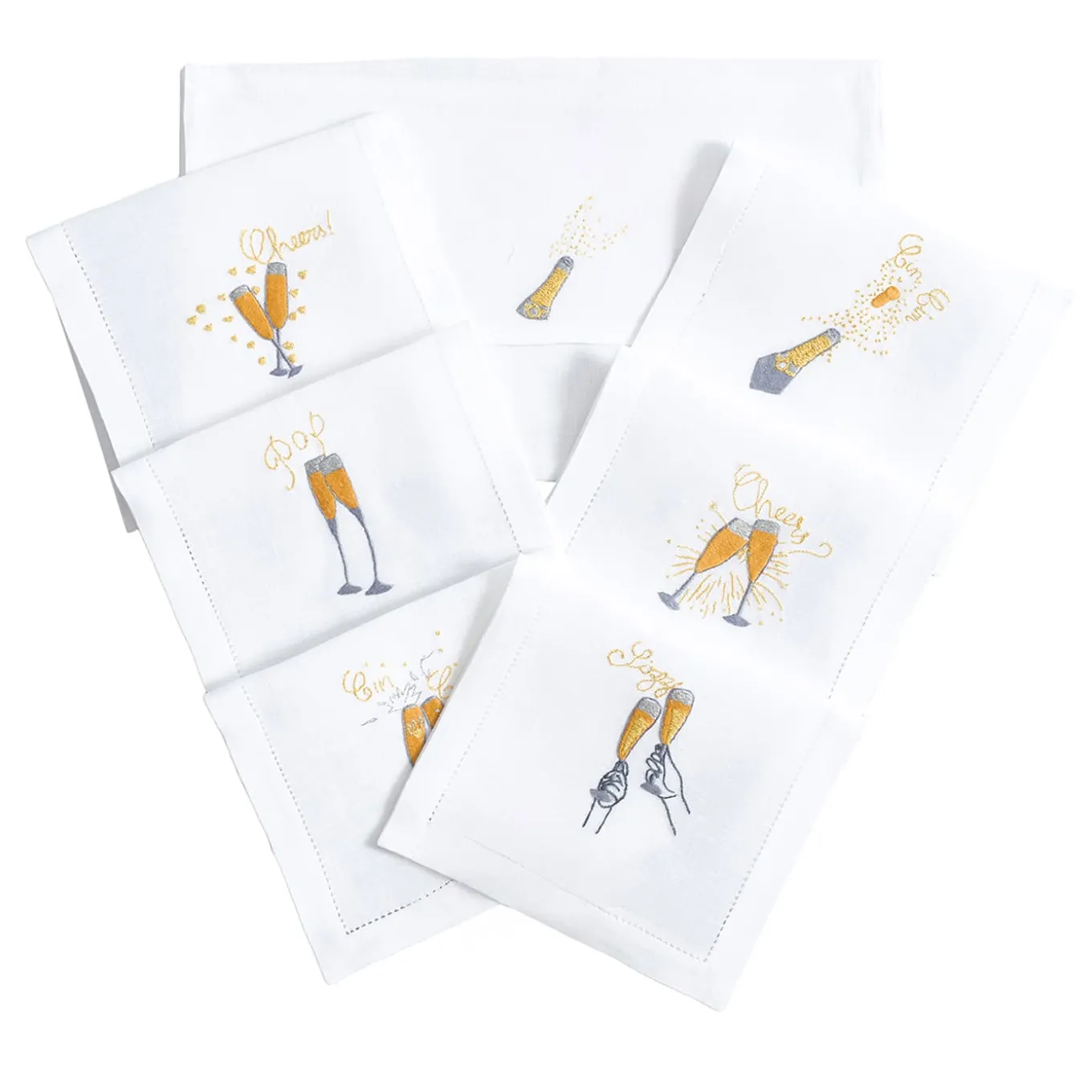 Set di 6 tovagliette da tavola in lino ricamate a mano in Champagne