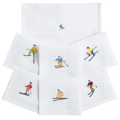 Set di 6 tovagliette per bevande in lino ricamate a mano Skiiers