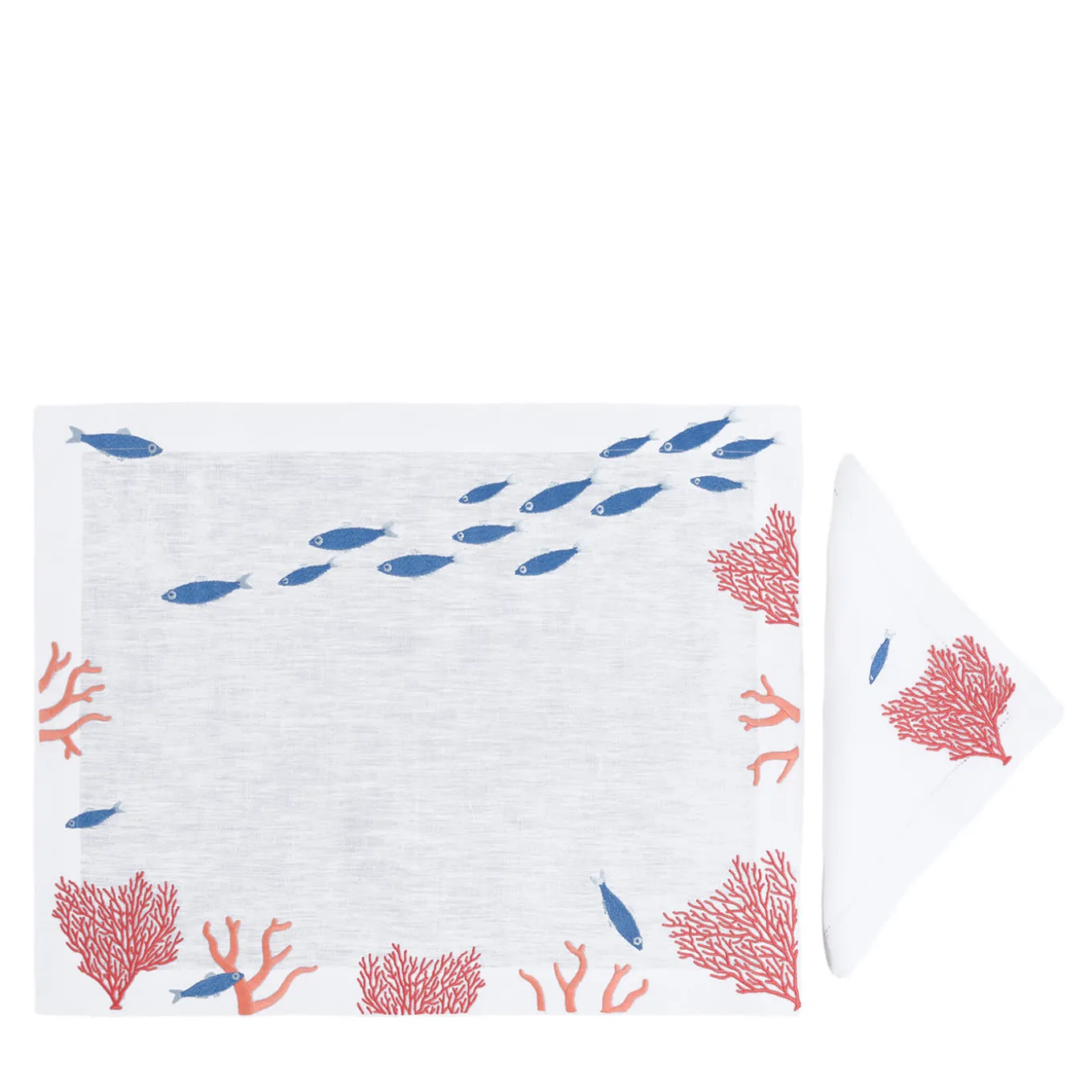 Set di tovagliette e tovaglioli in lino rettangolari Sardines