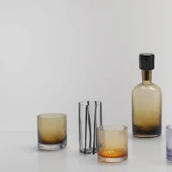 Set in vetro Murano Borealis Torse Amber con bottiglia e 2 bicchieri