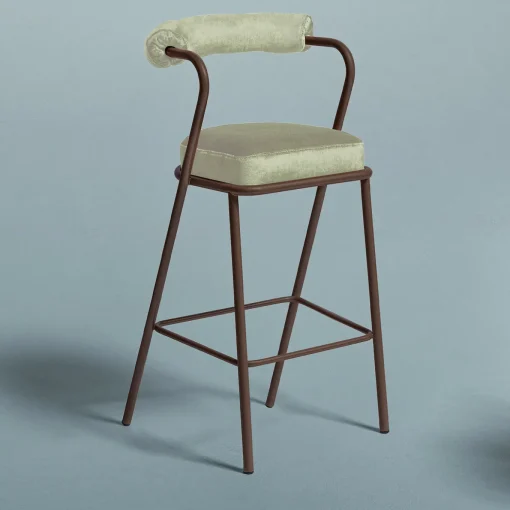 Sgabello Baba in Acciaio Marrone Con Cuscino In Velluto Bianco Crema di Serena Confalonieri