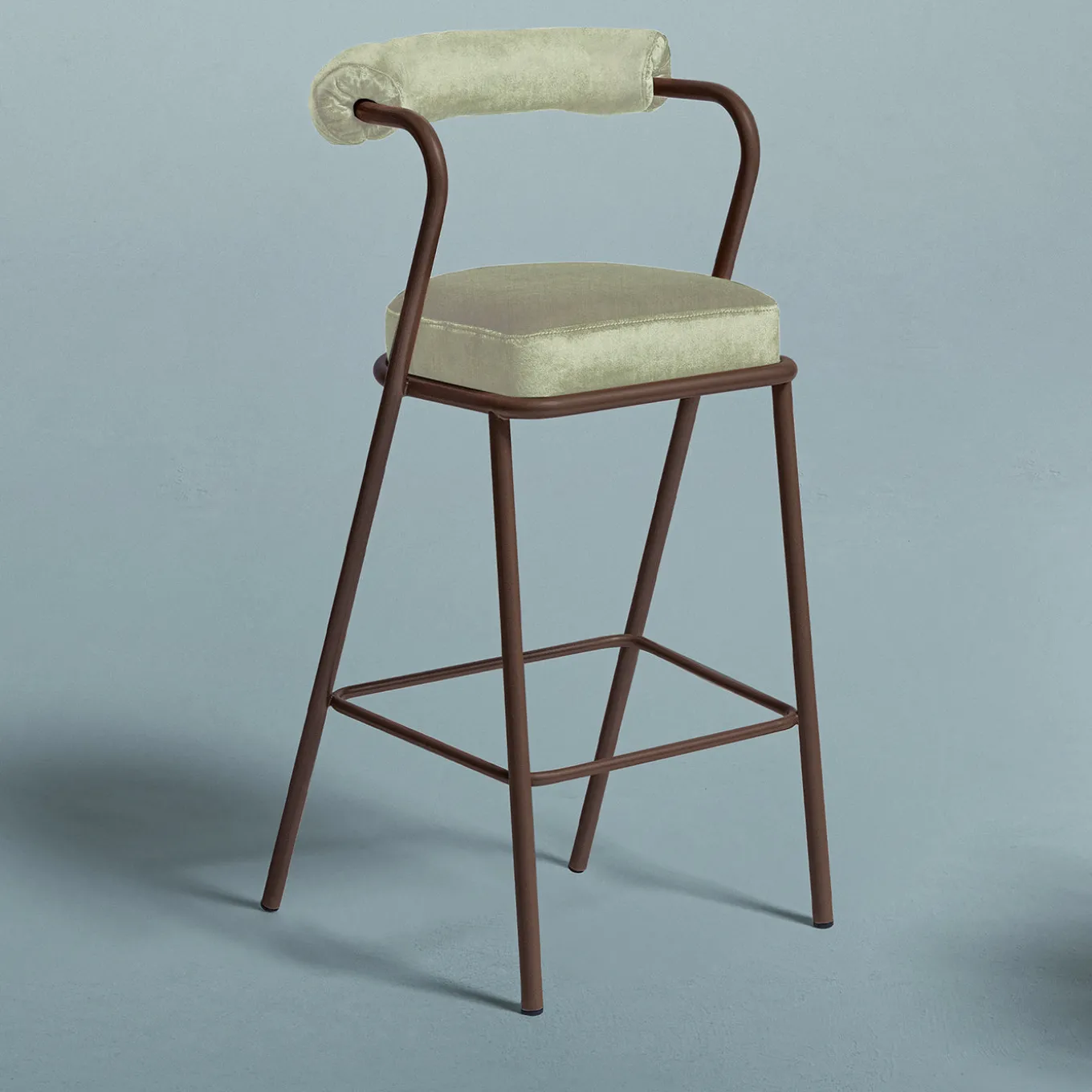 Sgabello Baba in Acciaio Marrone Con Cuscino In Velluto Bianco Crema di Serena Confalonieri