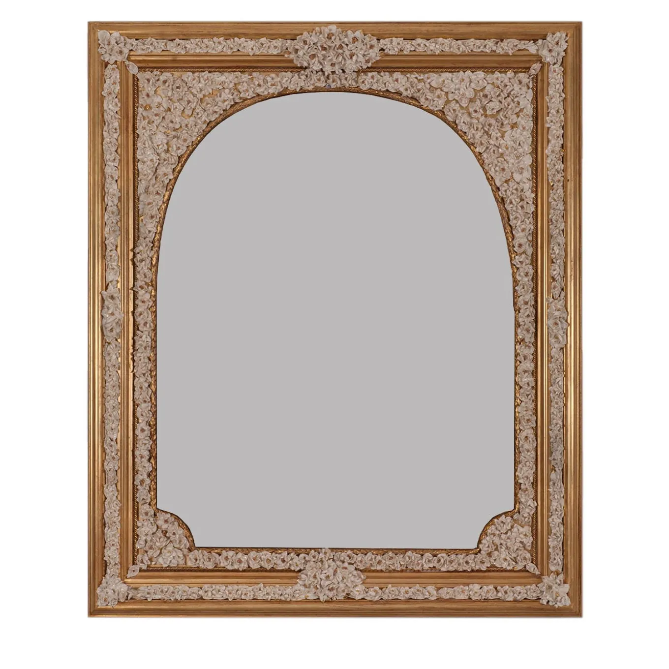 Specchio ad arco con fiori in porcellana Capodimonte e dettagli dorati dipinti a mano