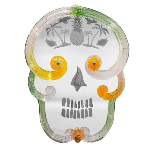 Specchio XL Pop Skull verde e arancione di Bradley Theodore