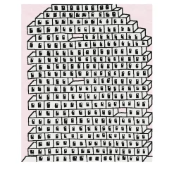 Tappeto in lana fatto a mano rosa e grigio con motivo a muro di mattoni cavi