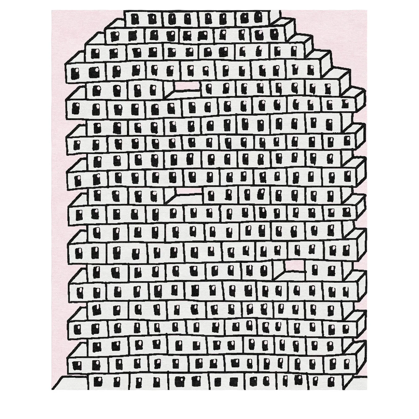 Tappeto in lana fatto a mano rosa e grigio con motivo a muro di mattoni cavi