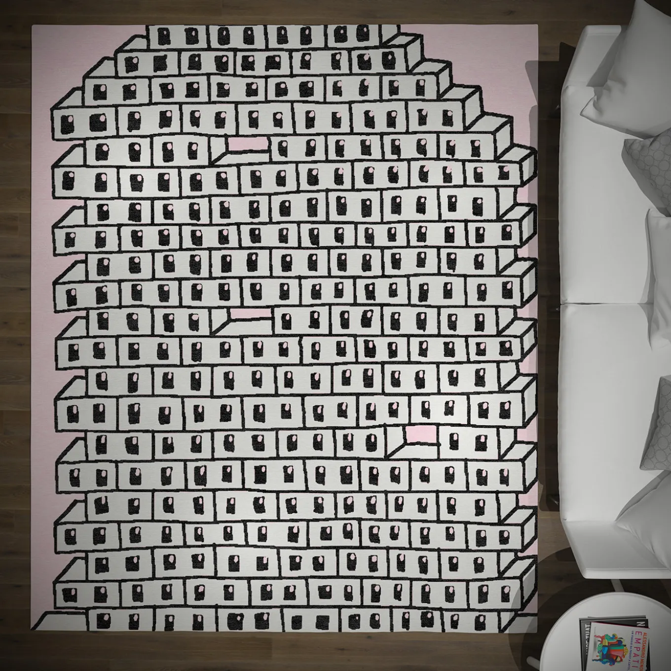 Tappeto in lana fatto a mano rosa e grigio con motivo a muro di mattoni cavi