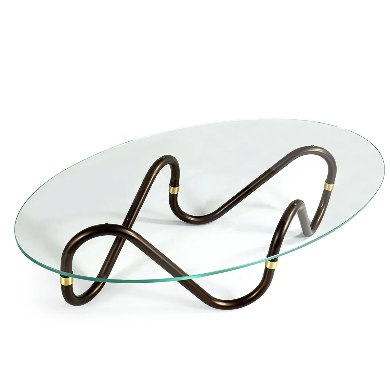 Tavolino da caffè ovale sinusoidale Flow con piano in vetro Extra Clear