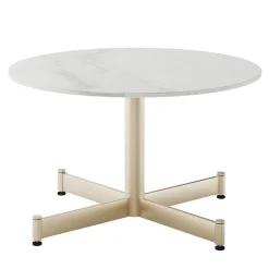 Tavolino Fly Round con piano in ceramica bianca e base in champagne di Braid Design Lab