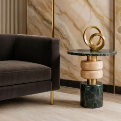 Tavolino Marsmallow in Onice e marmo Verde Alpi di Ashley Gadeova