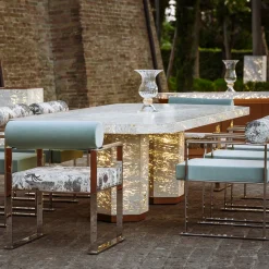 Tavolo da pranzo esagonale retroilluminato Eternal in marmo travertino di Bebo & Angel