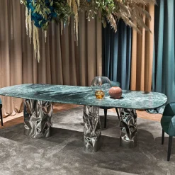 Tavolo da pranzo Lotus Verde Alpi in marmo e acciaio