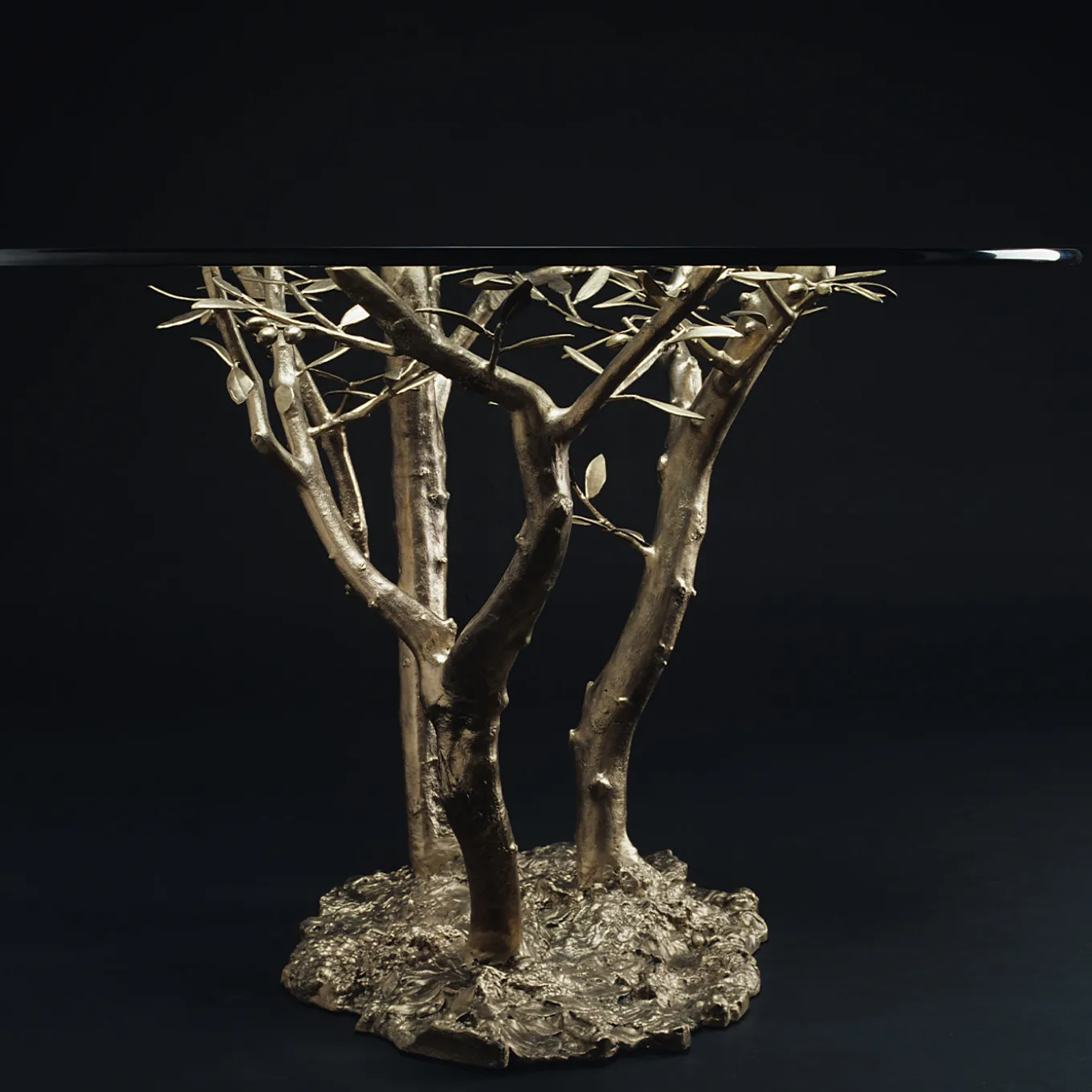 Tavolo da pranzo olivo in fusione di bronzo a cera persa con piano in fusione di alluminio naturale