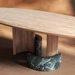 Tavolo da pranzo ovale Ellipse in legno e marmo verde