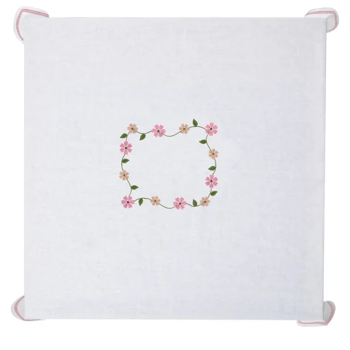 Tovaglia ricamata Margherita Rosa in lino bianco