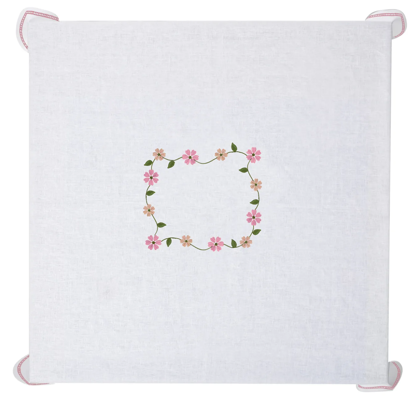 Tovaglia ricamata Margherita Rosa in lino bianco
