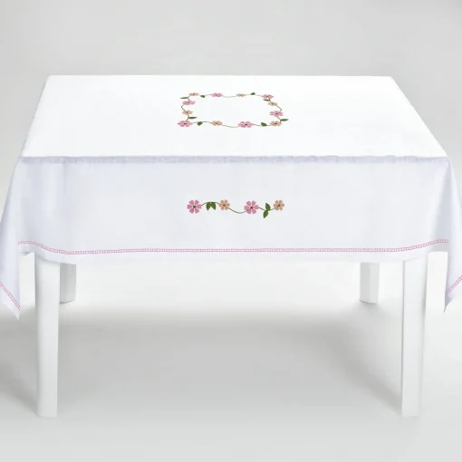 Tovaglia ricamata Margherita Rosa in lino bianco