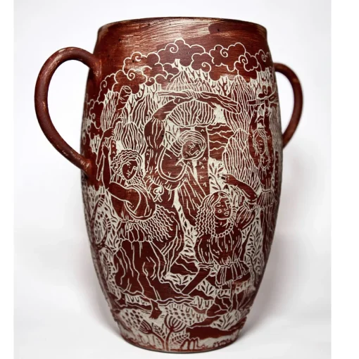 Vaso in gres rosso con manici Morte di Orfeo