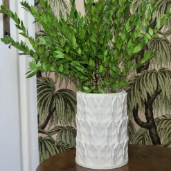 Vaso piccolo in gres bianco con motivo a foglie Anne