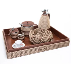 Vassoio rettangolare beige extra-large con inserti in corda